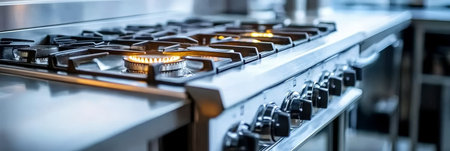 Close-up of a Stainless Steel Gas Stovetop with Burning Flames Kitchen Appliance for Cookingの素材