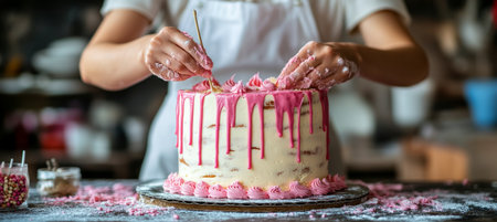 Woman Baker s hands decorating a tall, layered cake with pink frosting and drizzled icingの素材