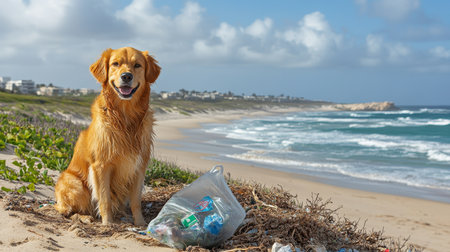 Golden Retriever Dog Helps Clean Up Beach, Promoting Environmental Responsibility And Ocean Cleanupの素材