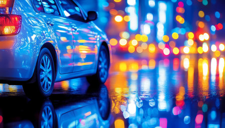 City Lights Reflected On A Sleek White Car At Night, Urban Scene With Colorful Bokeh Effect.の素材