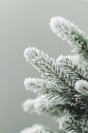 Close-Up Winter Wonderland Delicate Snow-Kissed Fir Tree Branches, Serene Nature Background On Greyの素材