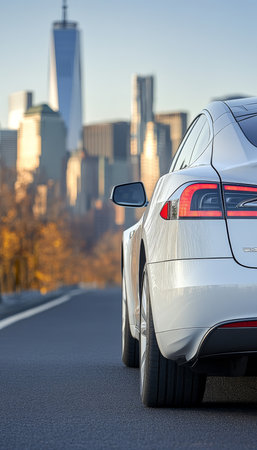 Modern white electric car with a blurred city skyline in the background, space for textの素材