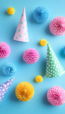 Festive Celebration Backdrop Party Hats and Vibrant Honeycomb Pompoms on a Blue Backgroundの素材