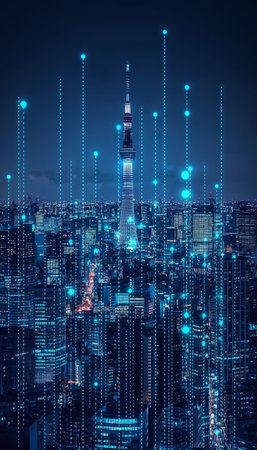 Tokyo Tower Connected Futuristic Skyline of Tokyo at Night with Digital Network Overlayの素材