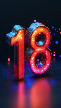 Glowing 3D Number 18 On A Dark Background With Bokeh, Illuminated With Red And Blue Lightsの素材