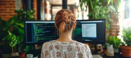 Woman Programming, Focused on Dual Monitors, Working Remotely from Home Office Surrounded by Plantsの素材