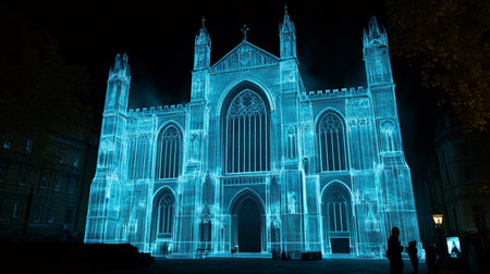 Historic Gothic Architecture, Westminster Abbey Outlined in Blue Digital Network At Night, London UKの素材