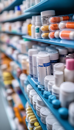 Pharmacy Drugstore Medicine Pills. Tablets Capsules Healthcare Pharmacist Shelf Retail Storeの素材