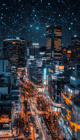 Elevated View of a Bustling Cityscape With Illuminated Train Tracks and Buildings at Night,の素材