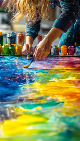 Artist s Hands Delicately Manipulating Brush, Creating Vibrant Masterpiece on Watercolor Paletteの素材