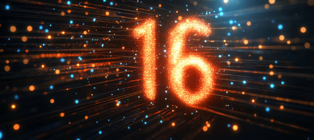 Glowing Digital Number 16 In Futuristic Style On An Abstract Stream Of Binary Code Backgroundの素材