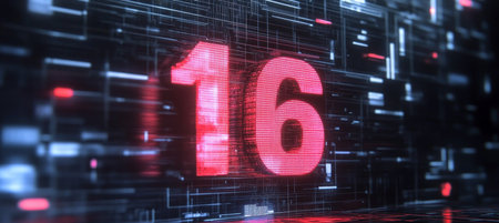 Glowing Number 16 on a Digital Background Cyberpunk Style with Blue and Pink Colors.の素材