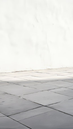 Empty room, gray concrete floor, white wall, soft light streaks, ideal for showcasing products.の素材