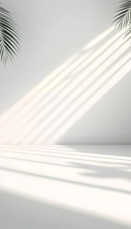 White wall with soft light streaks and palm tree shadows. Minimal scene with light and shadow.の素材