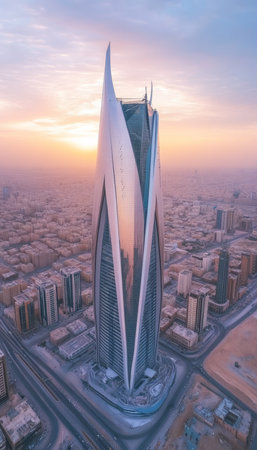 Modern Skyscraper Towering Above Cityscape in Daytime with Dramatic Sunset , Riyadh, Saudi Arabiaの素材