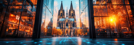 Majestic Cathedral Framed by Modern Architecture with a Futuristic Digital Network Overlay at Sunsetの素材