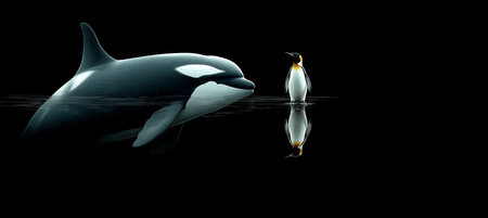 Black and White Encounter Orca Whale and Emperor Penguin Meet on a Dark Background with Reflectionsの素材