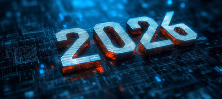 Glowing Digital 3D Number 2026 on Futuristic Blue and Red Abstract Circuit Board Backgroundの素材
