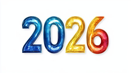 Metallic, Colorful Number 2026 on a White Background, 3D Illustration, Concept for New Year.の素材