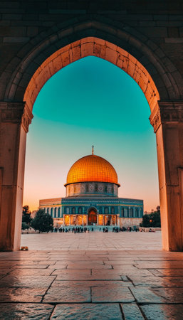 Dome of the Rock, Sacred Islamic Shrine in Jerusalem, Israel, with Golden Dome under Clear Blue Skyの素材
