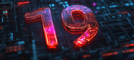Glowing Red Digital Number 19 on a Futuristic Circuit Board, Emerging Technology Conceptの素材