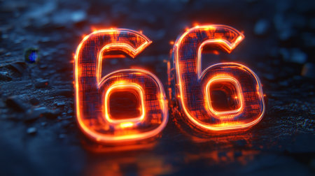Vibrant, Glowing Orange, Digital Number 66 On A Dark, Rough Surface, 3D Illustrationの素材