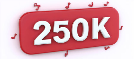 250k Text with Musical Notes on Red Rounded Rectangular Label Against White Backgroundの素材