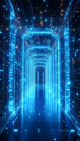 Futuristic Digital Tunnel, Data Flow, Technology Concept, Abstract Background, Blue Neon Lightsの素材