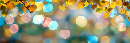 Dreamy Autumn. Blurred defocused light background with golden leaves. Pastel heart bokeh.の素材