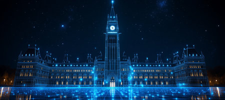 Parliament Building, Ottawa, Canada. Digital network illustration in blue abstract wireframe style.の素材