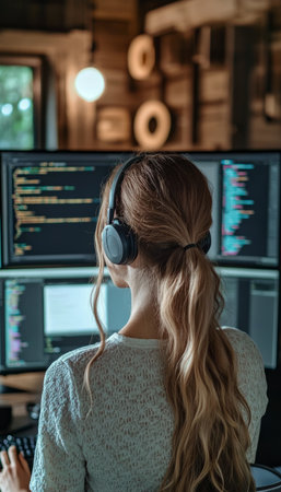 Female Software Developer Immersed in Work, Coding on Dual Monitors Late in her Home Officeの素材