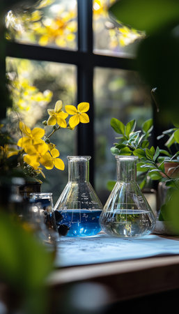 Sunlight Streams Through Window onto Tabletop Lab Setup with Beakers, Plants, and Research Materialsの素材