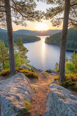 Golden Hour Serenity A Tranquil Forest Path Overlooking a Picturesque Lake at Sunsetの素材