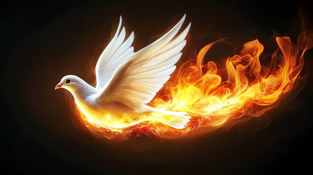 White Dove Soaring Through Fiery Flames on Black Background, Symbolizing Hope and Renewal.の素材