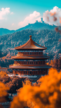 Traditional Chinese Temple Amidst Autumn Foliage, Historic Fortress Background, Sunny Dayの素材