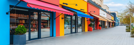 Brightly Colored Contemporary Storefronts With Shutters Open, Retail, Commerce, Startup Conceptの素材