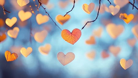Romantic Nature Background, Dreamy Pastel White and Red Heart-Shaped Leaves Hanging on Treeの素材