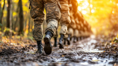 Military Unit Marches in Formation Through Muddy Forest Terrain During Training Exerciseの素材