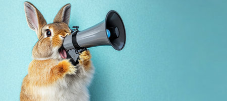 Adorable Bunny Holds Megaphone Side View On Blue. Cute Rabbit Makes Announcement, Mouth Open Wideの素材