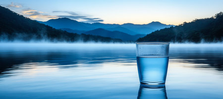 Glass Of Fresh Water On The Background Of Misty Mountains And Lake. Beautiful Nature Background.の素材