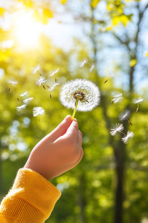Child s Hand Holding Dandelion With Seeds Blowing In Spring Sunlight, Nature And Familyの素材
