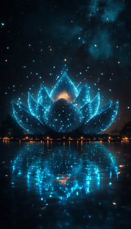 Lotus Temple Outlined In Blue Lights, Creating a Digital Grid Effect, Reflecting on Waterの素材