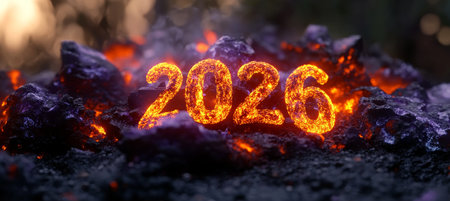 Fiery Year 2026 Emerging from Hot Glowing Embers and Molten Lava, Symbolizing a Heated Futureの素材