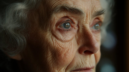 Close Up of an Elderly Woman s Face, Deep in Thought, Wrinkles and Time Captured in the Lightの素材