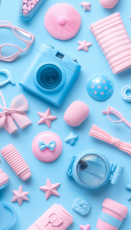 Fashion Accessories Flat Lay Feminine Trend Essentials on Pastel Blue, Lifestyle Concept.の素材