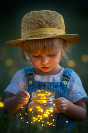 Little Girl Catching Fireflies A Magical Summer Night, Perfect For Family And Nature Contentの素材