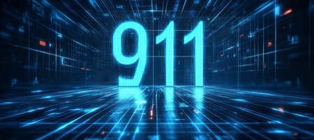 Futuristic Glowing Blue Digital Single Big 3D Number 911 on Abstract Technology Backgroundの素材