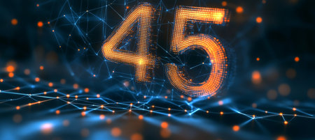 Number 45 Glowing in Abstract Cyberspace, Futuristic Technology Background with Connected Linesの素材