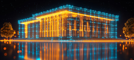 Parliament Building with Digital Blue Outline in Illuminated Abstract Landscape at Nightの素材