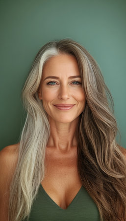 Embracing Age. Smiling Mature Woman with Half White, Half Brown Hair. Concept of Aging Gracefullyの素材